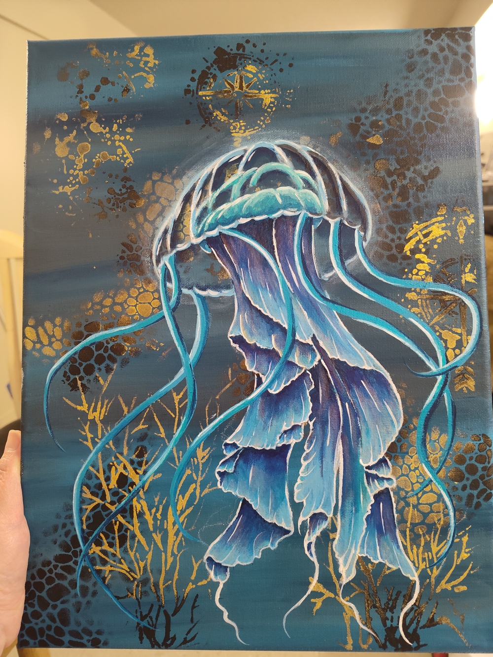 Hand-Painted Teal & Blue Jellyfish Canvas Art